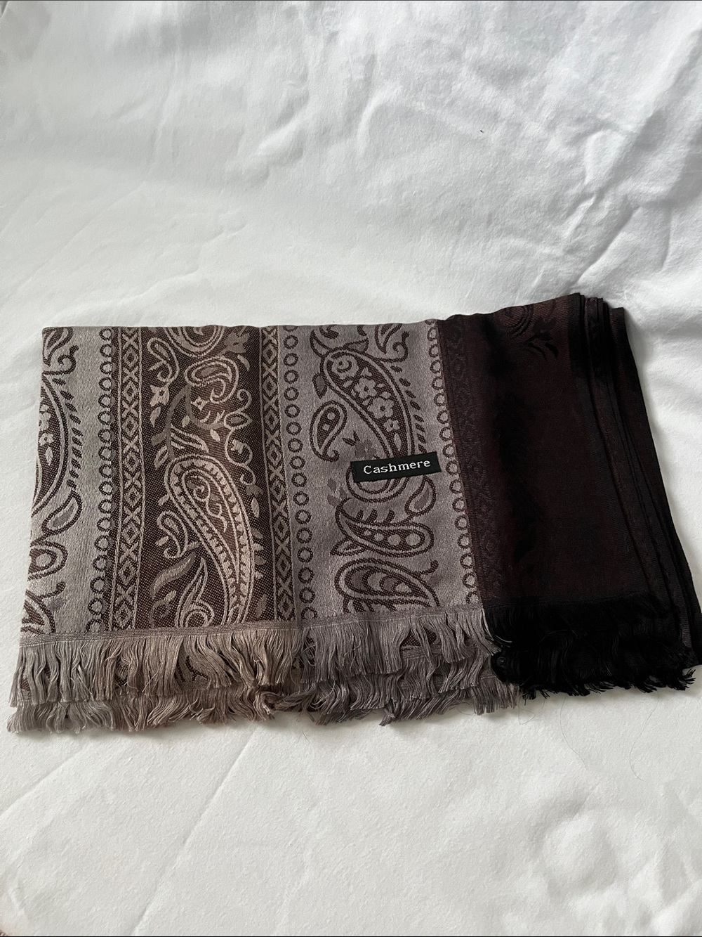 Large Paisley Cashmere Scarf in Taupe and Chocolate with Fringe